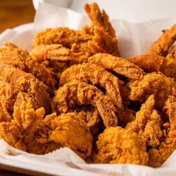 Crispy golden-brown fried shrimp in a white takeout container lined with parchment paper.
