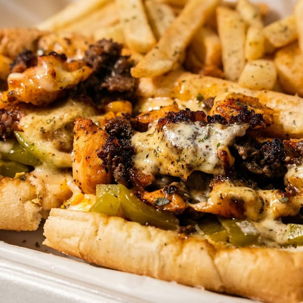 Cheesesteak sandwich with peppers and onions, served with a side of french fries in a white container.
