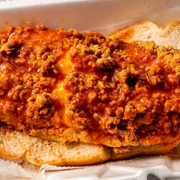 Spicy fried chicken sandwich with hot sauce on white bread in a takeout container.