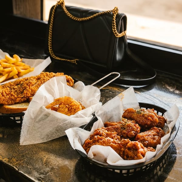 Baskets of fried chicken, shrimp, and french fries on a counter next to a black purse.