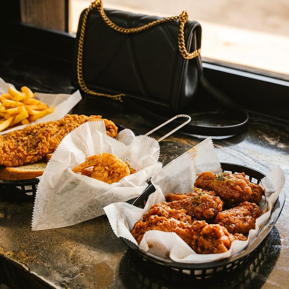 Baskets of fried chicken, shrimp, and french fries on a counter next to a black purse.