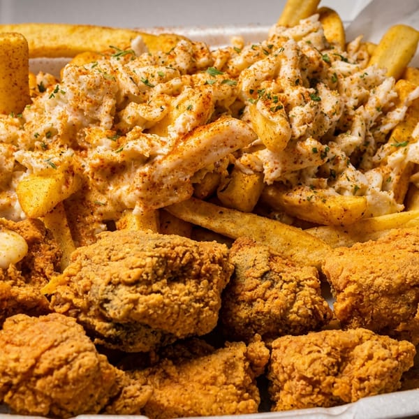 Fried chicken pieces and seasoned fries topped with white sauce and spices in a takeout container.